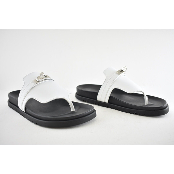 Hermes Empire Sandals White Black Leather Kelly Lock Logo Slide Mule Flat 37 - Picture 4 of 12